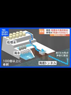 [x]福島第一原発の処理水の海洋放出時期 東京電力「先送りできない」 海水で100倍以上に薄めたうえで海底トンネルを通じて1キロ先の沖で放出する計画 ...